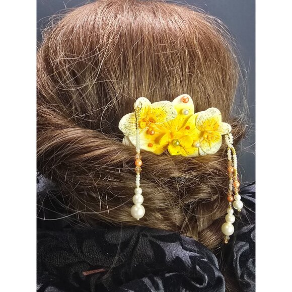 Crafted Glass Beaded Yellow White Asian Inspire Orchid Hair Comb Carnelian Style - Picture 3 of 10